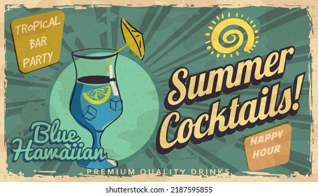 Summer Blue Hawaiian Cocktail Retro Banner. Cocktail Lounge Vintage Background, Scratched Old Textured Paper