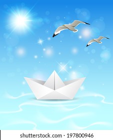 Summer blue marine background with paper boat and seagulls