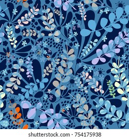 Summer blue night in a meadow. Seamless floral pattern, vector illustration