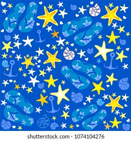 Summer blue pattern with shells, flip-flops and  anchor. Fashion print design.  Flat style. Icon Summer. Vector illustration