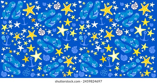 Summer blue pattern with shells, flip-flops and  anchor. Fashion print design.  Flat style. Icon Summer. Horizontal banner.  Web banner design background for header Templates. Vector illustration