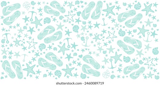 Summer blue pattern with shells, flip-flops and  anchor. Fashion print design.  Flat style. Icon Summer. Horizontal banner.  Web banner design background for header Templates. Vector illustration