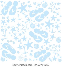 Summer blue pattern with shells, flip-flops and  anchor. Fashion print design.  Flat style. Icon Summer.  Web banner design background for header Templates. Vector illustration