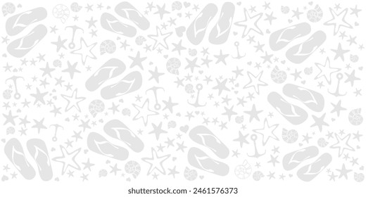 Summer blue pattern with shells, flip-flops and  anchor. Fashion print design.  Flat style. Icon Summer. Horizontal banner.  Web banner design background for header Templates. Vector illustration