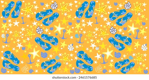 Summer blue pattern with shells, flip-flops and  anchor. Fashion print design.  Flat style. Icon Summer. Horizontal banner.  Web banner design background for header Templates. Vector illustration