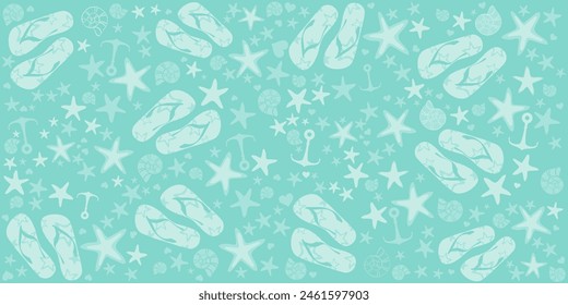 Summer blue pattern with shells, flip-flops and  anchor. Fashion print design.  Flat style. Icon Summer. Horizontal banner.  Web banner design background for header Templates. Vector illustration