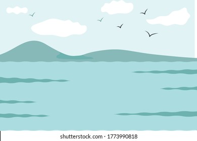 In summer, the blue sea landscape, clouds, mountains and seagulls on the horizon. Nice sunny day. Horizontal background. Banner concept for summer holidays.