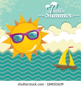 summer blue sky with sun wearing sunglasses  . vector summer illustration. summer holiday.
