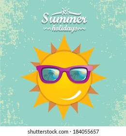 summer blue sky with sun wearing sunglasses  . vector summer illustration. summer holiday.