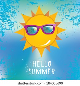 summer blue sky with sun wearing sunglasses  . vector summer illustration. summer holiday.