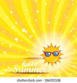 summer blue sky with sun wearing sunglasses . vector summer illustration. summer holiday.