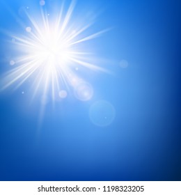 Summer blue sky template and hot summer sun rays burst with lens flare. EPS 10
