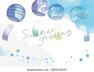 Summer blue sky and wind chimes: Cool and refreshing illustration frame material drawn with watercolors