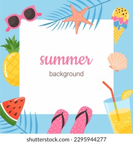 Summer blue square card template with place for text. Background decorated with exotic fruits, sunglasses, beach and sea items. Flat colorful vector illustration. 