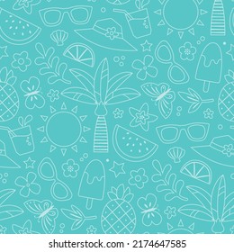 Summer blue subtle background, seamless vector pattern, texture, drawing, wallpaper, doodle. Palm trees, sun, fruit, popsicle, butterfly, flowers, drink