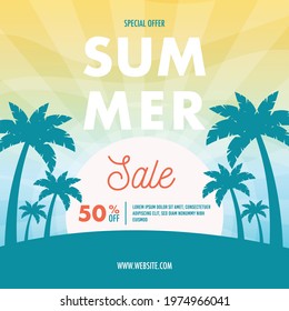 Summer blue sunset background. Summer sale flyer. Vector illustration 