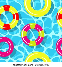 Summer blue water ripples swiming pool top view with colorful floats. Seamless pattern vector illustration.
