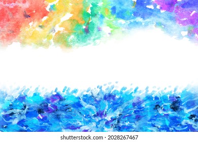 summer blue wave and rainbow, natural watercolor hand paint texture background, vector illustration, abstract art