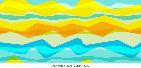 Summer blue yellow water wave liquid vector seamless pattern. Wavy flowing stripes texture. Horizontal curly geometry wrapping. Wallpaper ornament design. Wave flow splash fluid shapes background.
