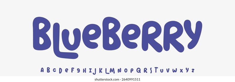 Summer Blueberry, joyful lettering, cartoon rounded typography. Childish font for friendly logo headline of culinary recipe book, sweets, ice cream title. Food typographic design. Vector typeset.
