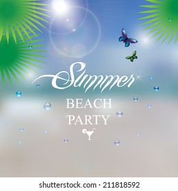 Summer blur beach background with butterflies, palm leaves and drops.