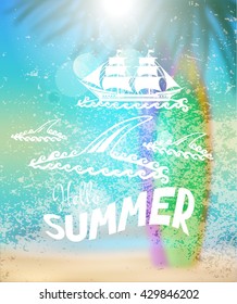 Summer blurred background with beach, surfboards, silhouettes of palm tree. Vector illustration