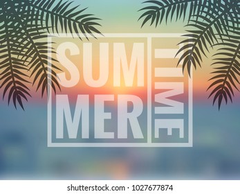 Summer blurred background with palm trees, sea, sand and summer inscription in a white frame.