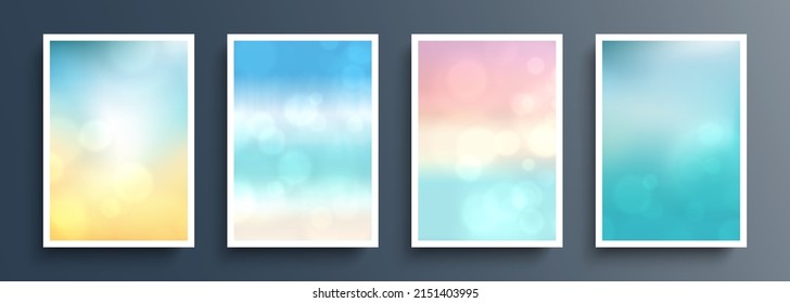 Summer blurred backgrounds. Summertime backdrops with bokeh effect and soft colors. Template for your seasonal graphic design. Ocean, sea, beach. Vector illustration.
