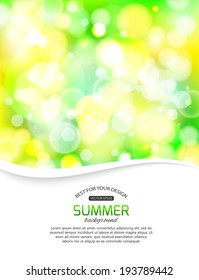 Summer blurry typographical background with blurred bokeh lights and place for text. Vector illustration.