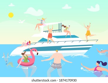 Summer boat travel at vacation, people at ocean yacht cruise vector illustration. Luxury ship party at sea, man woman character happy holiday leisure. Fun tourism trip in cartoon water.