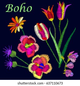 Summer boho chic. Set of colorful flowers with embroidered texture.
