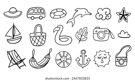 Summer Boho Doodle Sketches Collection. Hand Drawn Beach Shapes Set. Cute Vacation Icons. Hammock, Straw Hat, Flamingo Swimming Ring, Dolphin, Sun, Photo Camera Travel Vector Illustrations Ink Drawing