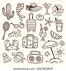 Colección de boho de verano de los bocetos. Conjunto de Formas con motivos de playa dibujados a mano. Lindos iconos de vacaciones aislados en blanco. Ilustraciones vectoriales de viaje. Maletas, Cócteles, Paraguas, Dibujo de tinta de estrella de mar