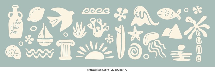 Summer boho element set. Hand drawn sea, palm tree, seashells, sun, flowers, vase, wave, bird, tropical leaves in naive style. Tropical print, ocean travel  and vacation beach. Vector illustration.