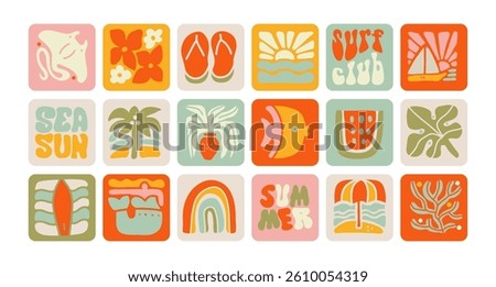 Summer Boho Nature simple flat elements Set. Groovy Geometric Summer Palm Leaf, coral, sunset, sea, beach, surf. Vector Abstract Square Tropical Icons in Freehand Retro Style for Logo, Print, Poster