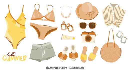 Summer boho outfit flat lay set with holiday Elements. Fashion clothes, swimsuit, rattan bag, hat, shoes, beach accessories. Typographic design. Vector illustration.