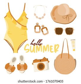 Summer boho outfit set with holiday Elements. Fashion clothes, swimsuit, rattan bag, hat, shoes, beach accessories. Typographic design. Vector illustration.