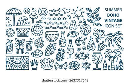 Summer Boho Vintage Hand-Drawn Icon Set for Tropical Vacation and Travel