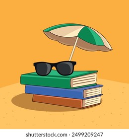 summer books with sunglasses and umbrella on beach sand