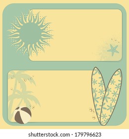 Summer Border Backgrounds with Surfboards, sun, and Palm trees on Blue