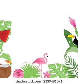 summer border with decoration, tropical leaves, palm fronds, coconuts, watermelon slices, hibiscus flowers, toucans, flamingos
