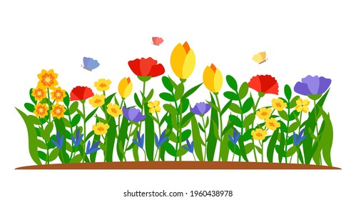 Summer border flowers with butterfly in flat cartoon style. Early flower bed, colored tulip, daffodil in grass. Forest nature springtime landscape design element. Isolated on white vector illustration