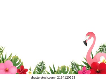 Summer Border With Flowers And Leaves And Flamingo With Gradient Mash, Vector Illustration