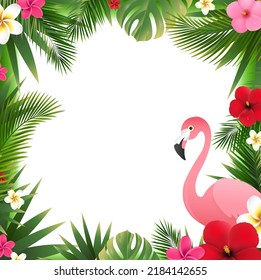 Summer Border With Flowers And Leaves With Gradient Mash, Vector Illustration