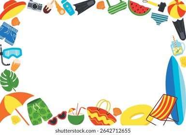 Summer border frame with beach holiday elements with empty space for your inscription. Ideal for web design, background. Vector illustration of summer refreshing drinks, ice cream, sunscreen