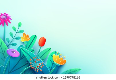 Summer border with paper cut fantasy flowers, leaves, isolated on light. Minimal 3d style floral spring background. Corner composition, copy space. Bright nature origami bouquet. Vector illustration.