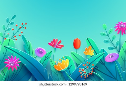 Summer border with paper cut fantasy flowers, leaves, stem isolated on blue sky backdrop. Minimal 3d style floral spring background. Bright nature origami. Vector illustration.