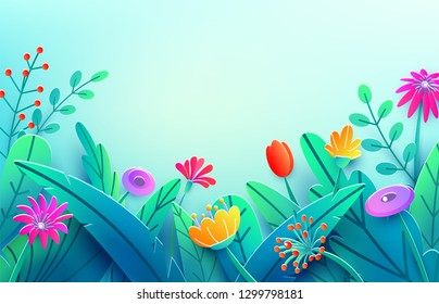 Summer border with paper cut fantasy flowers, leaves, stem isolated on light backdrop. Minimal 3d style floral spring background. Bright nature origami. Vector illustration.