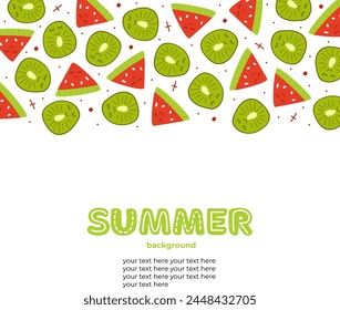 Summer border for print, social media, banners. Hand draw watermelon and kiwi slice isolated on white. Vector illustration in doodle style. Flat style. Red watermelon and green kiwi with kawaii eyes.