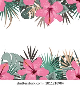 Summer border with tropical palm leaves and hibiscus flowers. Tropic frame background. Vector illustration for cards, web page backgrounds, prints.